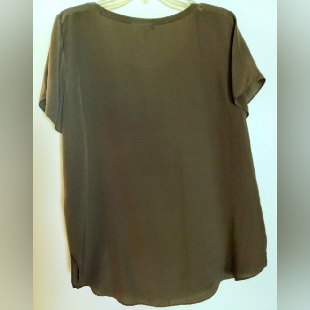 EILEEN FISHER Elegant Minimalist Olive Green 100% Silk Women's Blouse Size Large - Picture 7 of 8